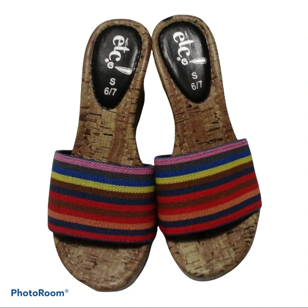 Y2K Vintage Multicolor Rainbow Woven Silver Stud Canvas Cork‎ Espadrille Wedges